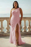 Ivory Chiffon Plus Size One Shoulder Ruched Beach Maxi Engagement Dress with Slit