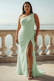 Ivory Chiffon Plus Size One Shoulder Ruched Beach Maxi Engagement Dress with Slit