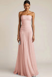 Light Blue Strapless Ruched Maxi Bridesmaid Dress
