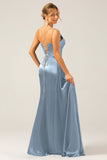 Dusty Blue Mermaid Spaghetti Straps Lace-up Back Prom Dress with Slit