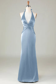 Dusty Blue Mermaid Halter Bridesmaid Dress
