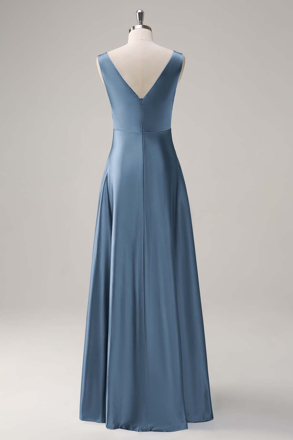 Leely Women Simple Dusty Blue Satin A-Line Bridesmaid Dress V-Neck Long Wedding Guest Dress leelyuk Leely Women Simple Dusty Blue Satin A-Line Bridesmaid Dress V-Neck Long Wedding Guest Dress leelyuk