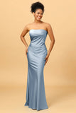 Dark Navy Satin Mermaid Strapless Bridesmaid Dress