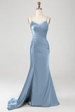 Mermaid Navy Spaghetti Straps Long Prom Dress With Slit