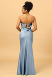 Dark Navy Satin Mermaid Strapless Bridesmaid Dress