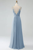 Dusty Sage A-Line Pleated Spaghetti Straps Chiffon Maternity Bridesmaid Dress With Slit
