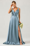 Dark Green A-Line Spaghetti Straps Satin Long Bridesmaid Dress With Slit