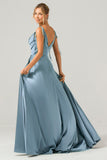 Dark Green A-Line Spaghetti Straps Satin Long Bridesmaid Dress With Slit