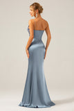 Dusty Blue Mermaid Satin Spaghetti Straps Long Bridesmaid Dress