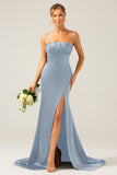 Dark Green Long Sheath Spaghetti Straps Bridesmaid Dress With Slit