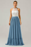 Dusk A-Line Halter Pleated Keyhole Chiffon Bridesmaid Dress With Lace