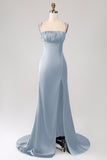 Dark Green Sheath Spaghetti Straps Long Prom Dress With Slit