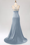 Dark Green Sheath Spaghetti Straps Long Prom Dress With Slit