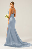 Dark Green Long Sheath Spaghetti Straps Bridesmaid Dress With Slit