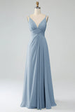 Dusty Sage A-Line Pleated Spaghetti Straps Chiffon Maternity Bridesmaid Dress With Slit