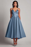 Champagne Satin A-Line V Neck Tea Length Formal Dress