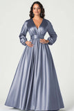 Dark Green A-Line Satin Mother of the Bride Dress with Long Sleeves
