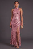 Sparkly Black Mermaid High Neck Sequins Long Formal Dress with Slit