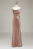 Dusty Blue Sheath Spaghetti Straps Satin Long Bridesmaid Dress