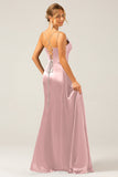 Dusty Blue Mermaid Spaghetti Straps Lace-up Back Prom Dress with Slit