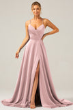 A Line Satin Dusty Blue Spaghetti Straps Prom Dress with Slit