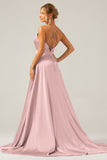 A Line Satin Dusty Blue Spaghetti Straps Prom Dress with Slit