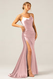 Dusty Blue Mermaid Spaghetti Straps Lace-up Back Prom Dress with Slit