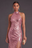 Sparkly Black Mermaid High Neck Sequins Long Formal Dress with Slit