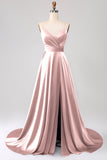 Dusty Blue A Line Spaghetti Straps Satin Prom Dress with Slit