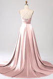 Dusty Blue A Line Spaghetti Straps Satin Prom Dress with Slit