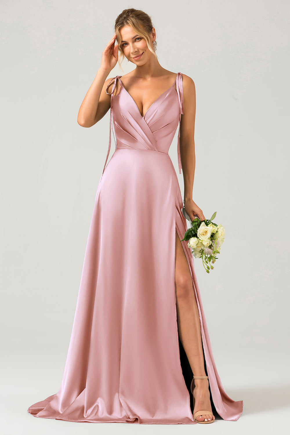 Leely Women A-Line Dusty Rose Long Bridesmaid Dress Satin V-Neck Wedding Guest Dress with Slit leelyuk Leely Women A-Line Dusty Rose Long Bridesmaid Dress Satin V-Neck Wedding Guest Dress with Slit leelyuk