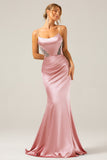 Dusty Blue Mermaid Satin Spaghetti Straps Long Bridesmaid Dress