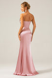 Dusty Blue Mermaid Satin Spaghetti Straps Long Bridesmaid Dress