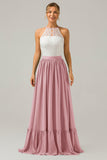 Dusk A-Line Halter Pleated Keyhole Chiffon Bridesmaid Dress With Lace