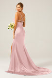 Dusty Rose Long Sheath Spaghetti Straps Bridesmaid Dress With Slit
