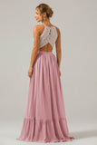 Dusk A-Line Halter Pleated Keyhole Chiffon Bridesmaid Dress With Lace