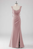 Dusty Blue Sheath Ruffled Maxi Bridesmaid Dress with Slit