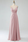 Dusty Sage A-Line Pleated Spaghetti Straps Chiffon Maternity Bridesmaid Dress With Slit
