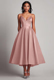 Champagne Satin A-Line V Neck Tea Length Formal Dress