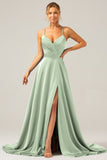 A Line Satin Dusty Blue Spaghetti Straps Prom Dress with Slit