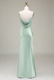 Dusty Sage Sheath Spaghetti Straps Satin Long Bridesmaid Dress
