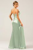 Dusty Blue Mermaid Spaghetti Straps Lace-up Back Prom Dress with Slit