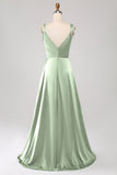 Dusty Rose A-Line Spaghetti Straps Satin Long Prom Dress With Slit