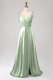 Dusty Rose A-Line Spaghetti Straps Satin Long Prom Dress With Slit