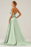 A Line Satin Dusty Blue Spaghetti Straps Prom Dress with Slit