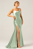 Dusty Blue Mermaid Spaghetti Straps Lace-up Back Prom Dress with Slit