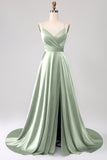 Dusty Blue A Line Spaghetti Straps Satin Prom Dress with Slit