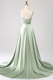Dusty Blue A Line Spaghetti Straps Satin Prom Dress with Slit