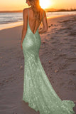Sparkly Dusty Sage Sequined Spaghetti Straps Mermaid Formal Dress