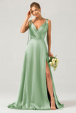 Dusty Rose A-Line Spaghetti Straps Satin Long Bridesmaid Dress With Slit